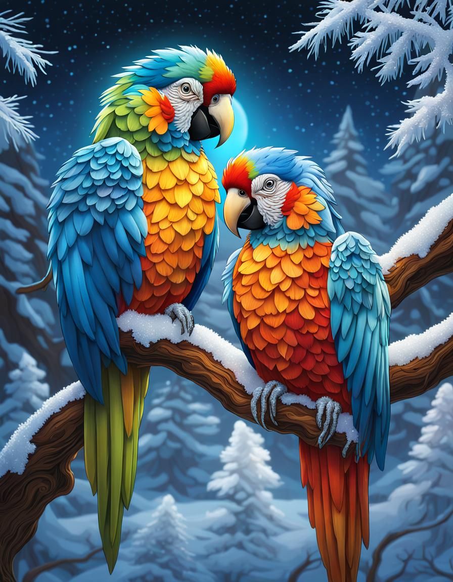 Parrots in Winter, Art Nouveau Style