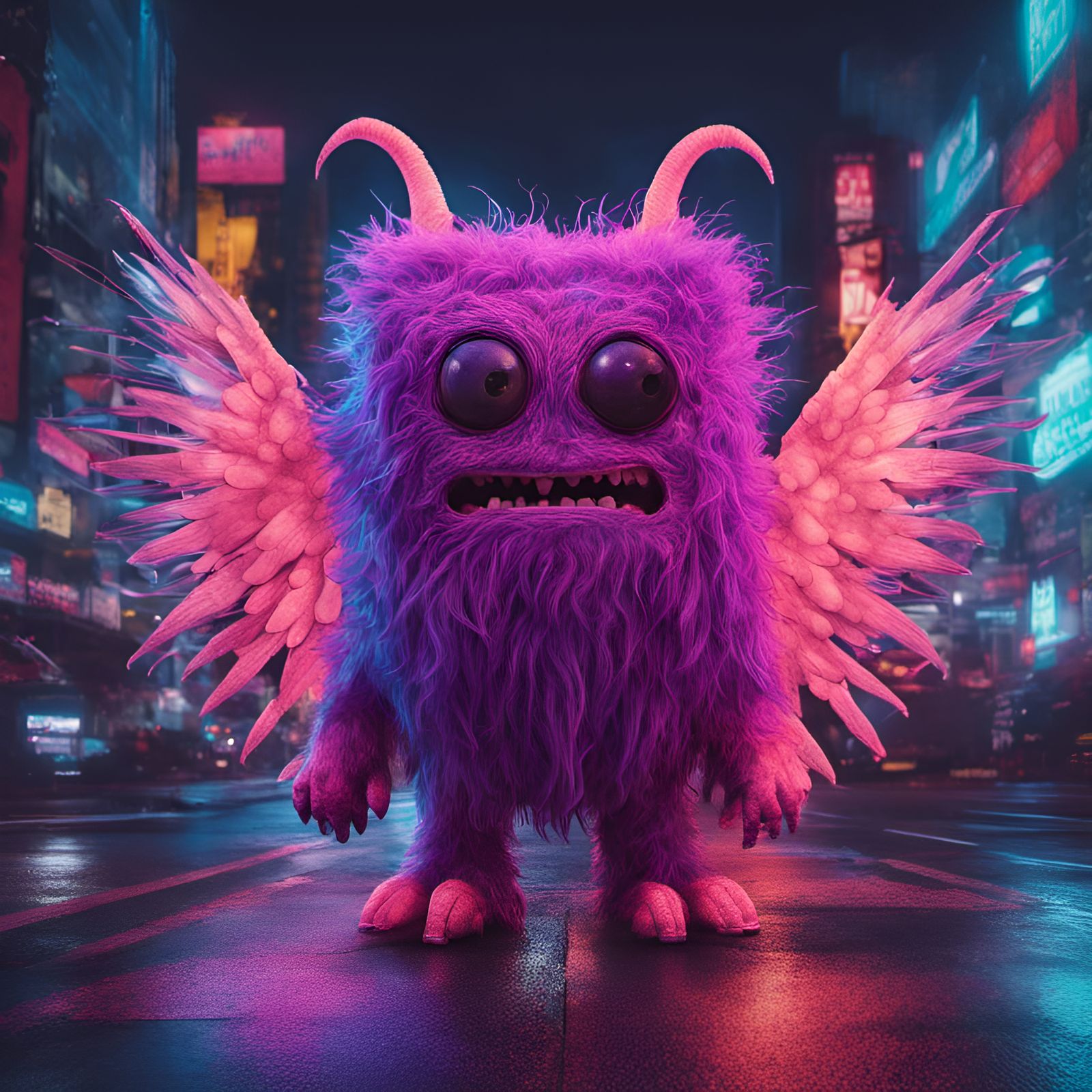 Neon Cube Monster with Wings in Cyberpunk Style