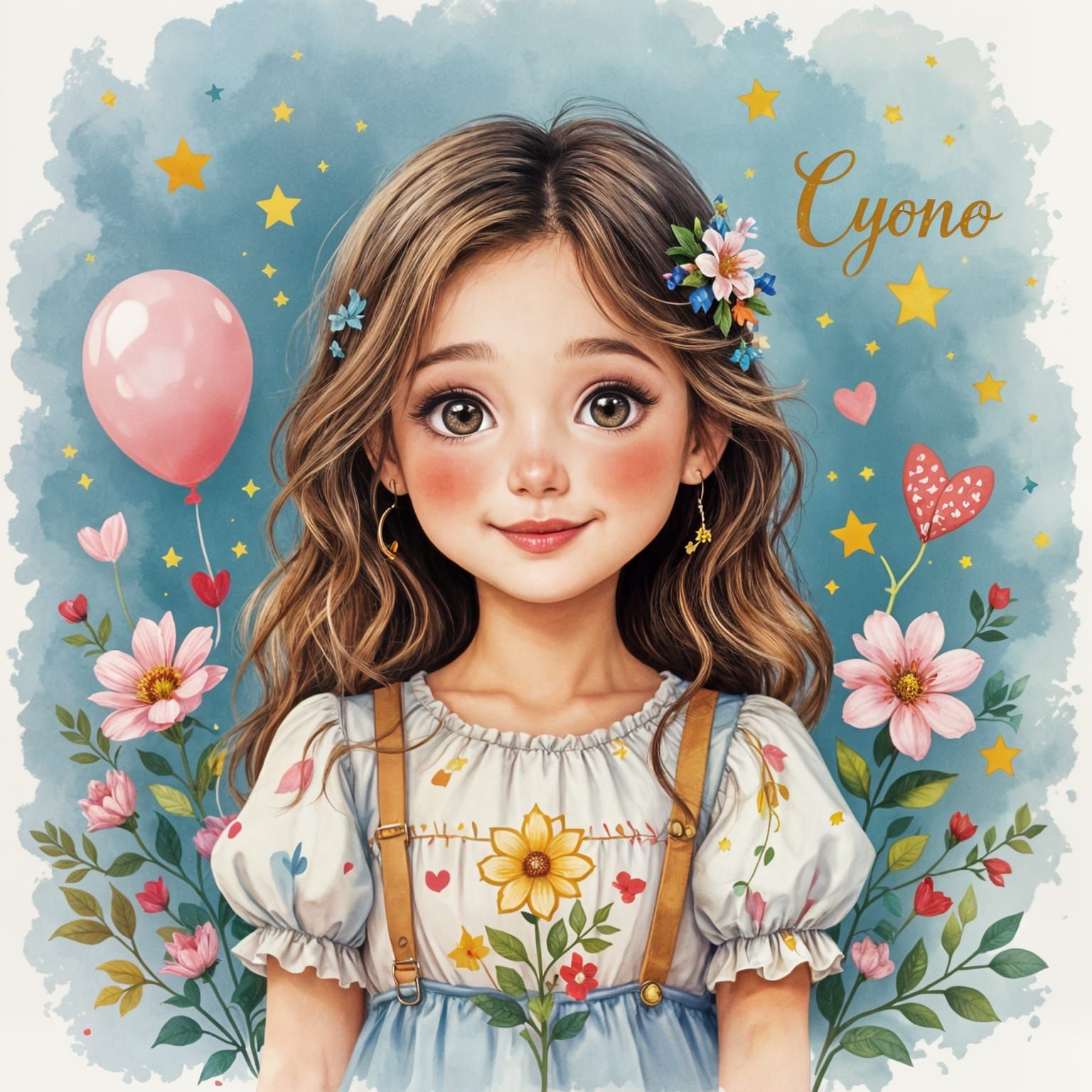 Pastel Girl Surrounded by Hearts, Stars and Flowers