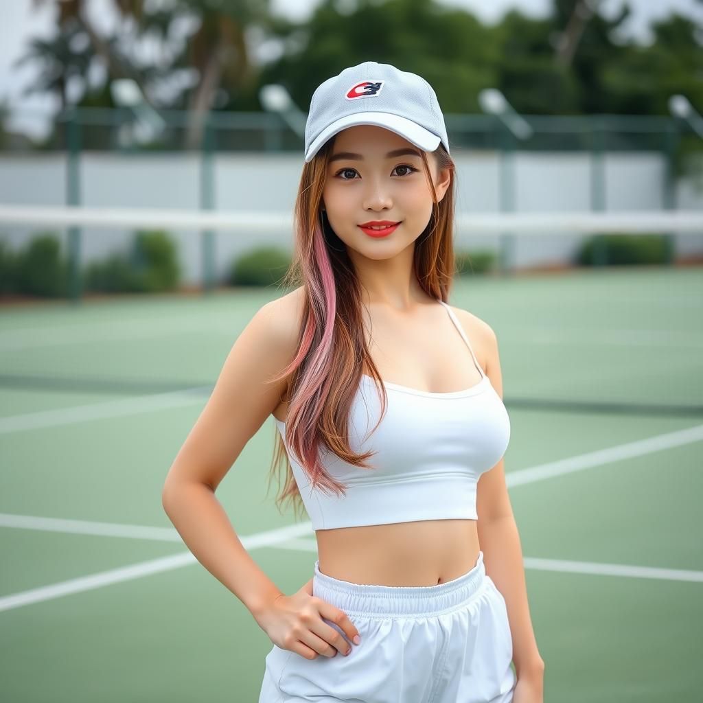 Confident Japanese Teenager on Tennis Court Portrait