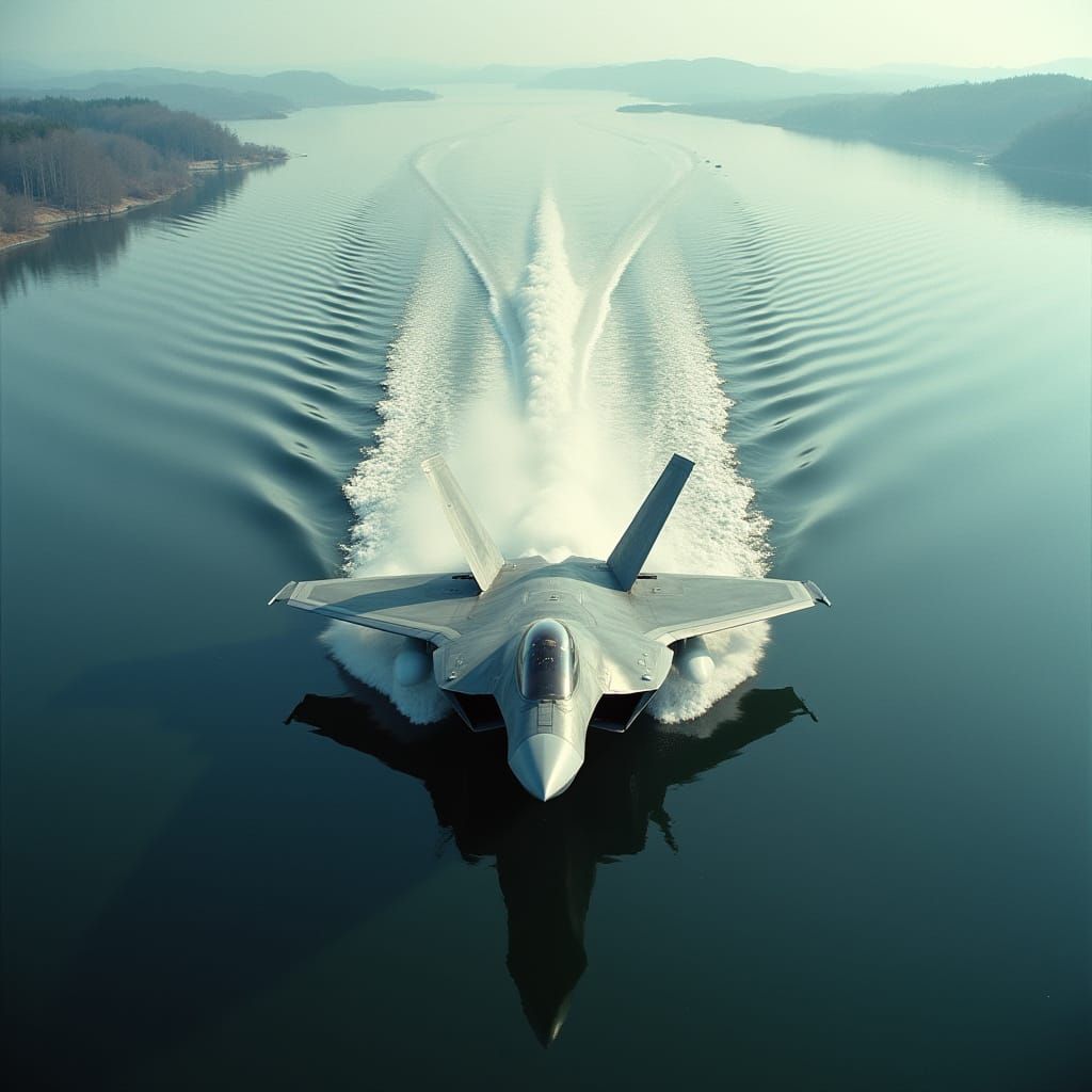 F-22 Jet Creates Massive Water Spray Over Lake