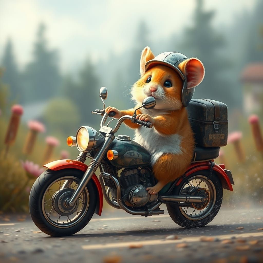 Hamster Motorcycle Ride: Hyperrealistic Fantasy Art