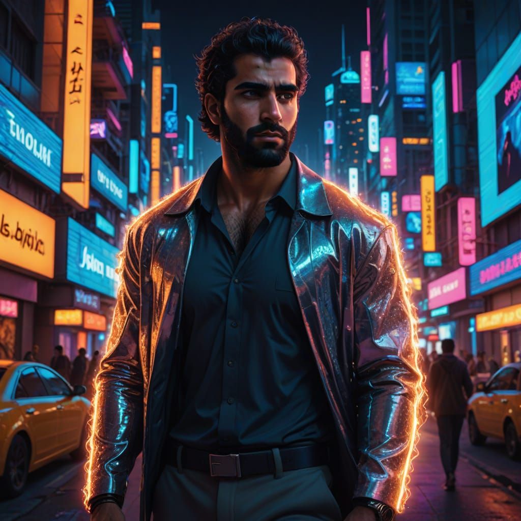 Handsome Man Poses in Futuristic Cityscape