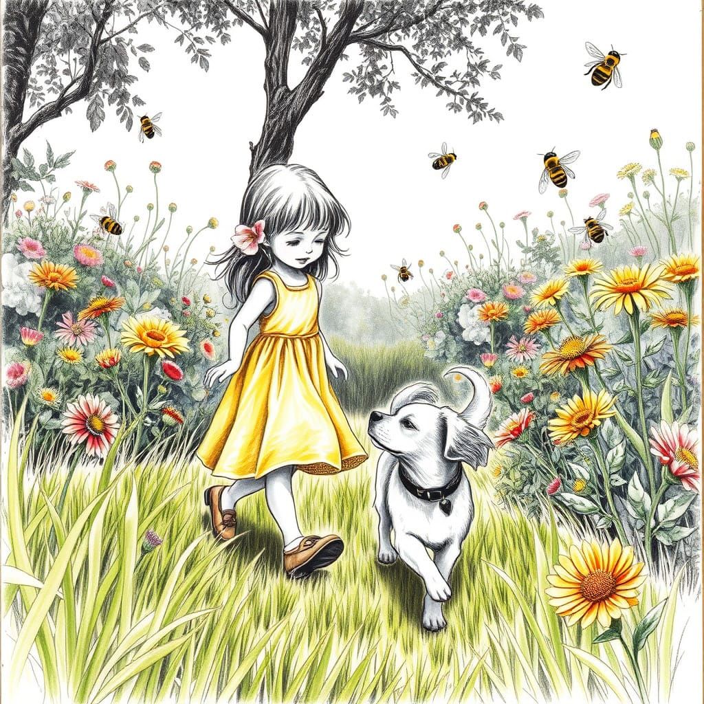 Whimsical Garden Scene in Charcoal Drawing Style