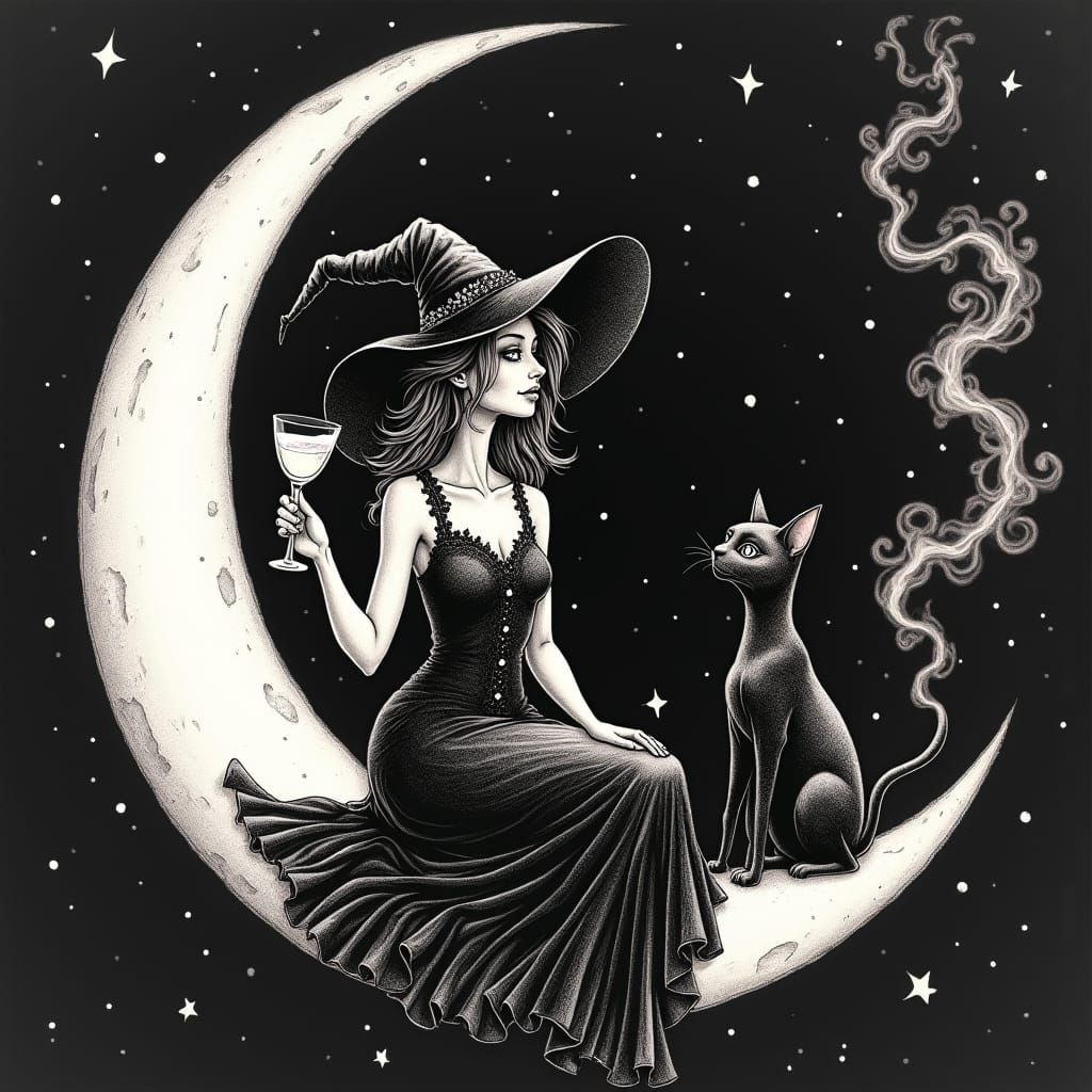 Witch on the Moon in Pointillism Ink Sketch