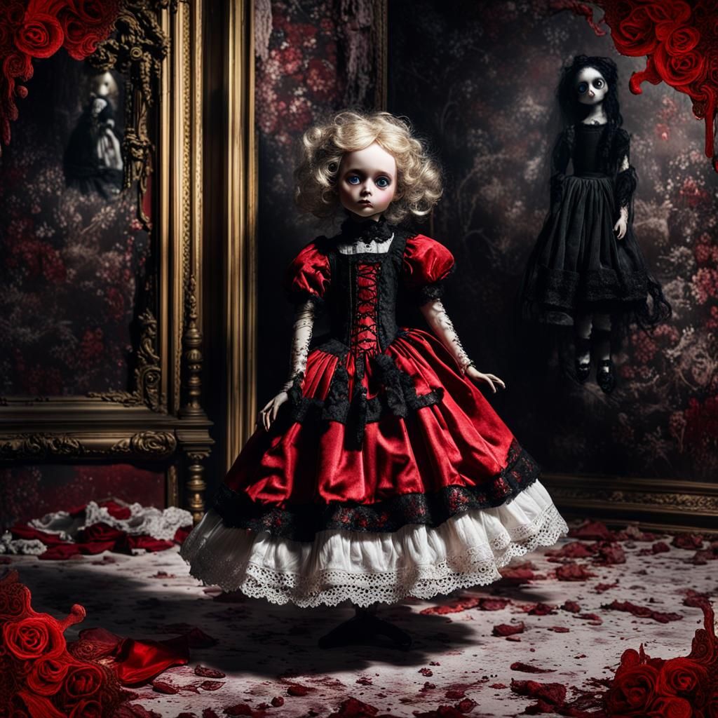Creepy Gothic Porcelain Doll in Dark Setting