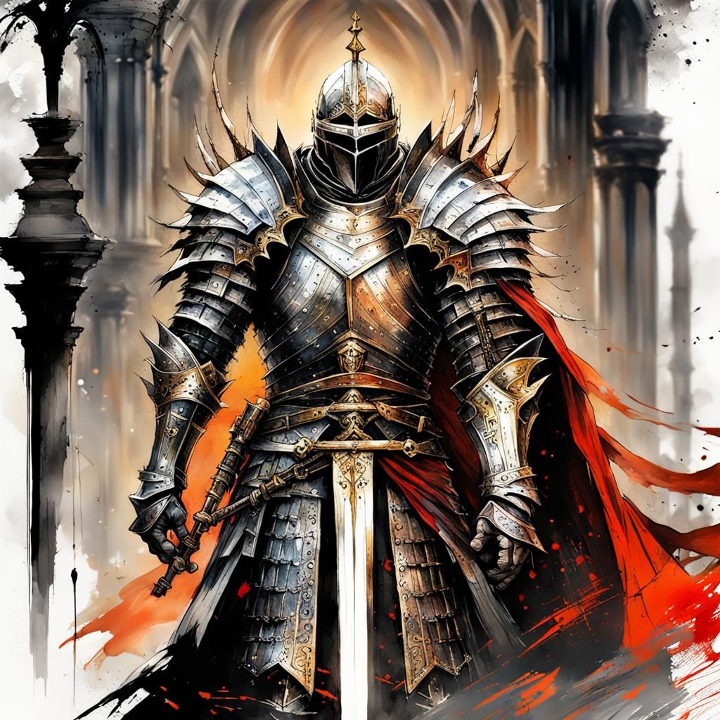 Gothic Knight King in Dark Fantasy Watercolor