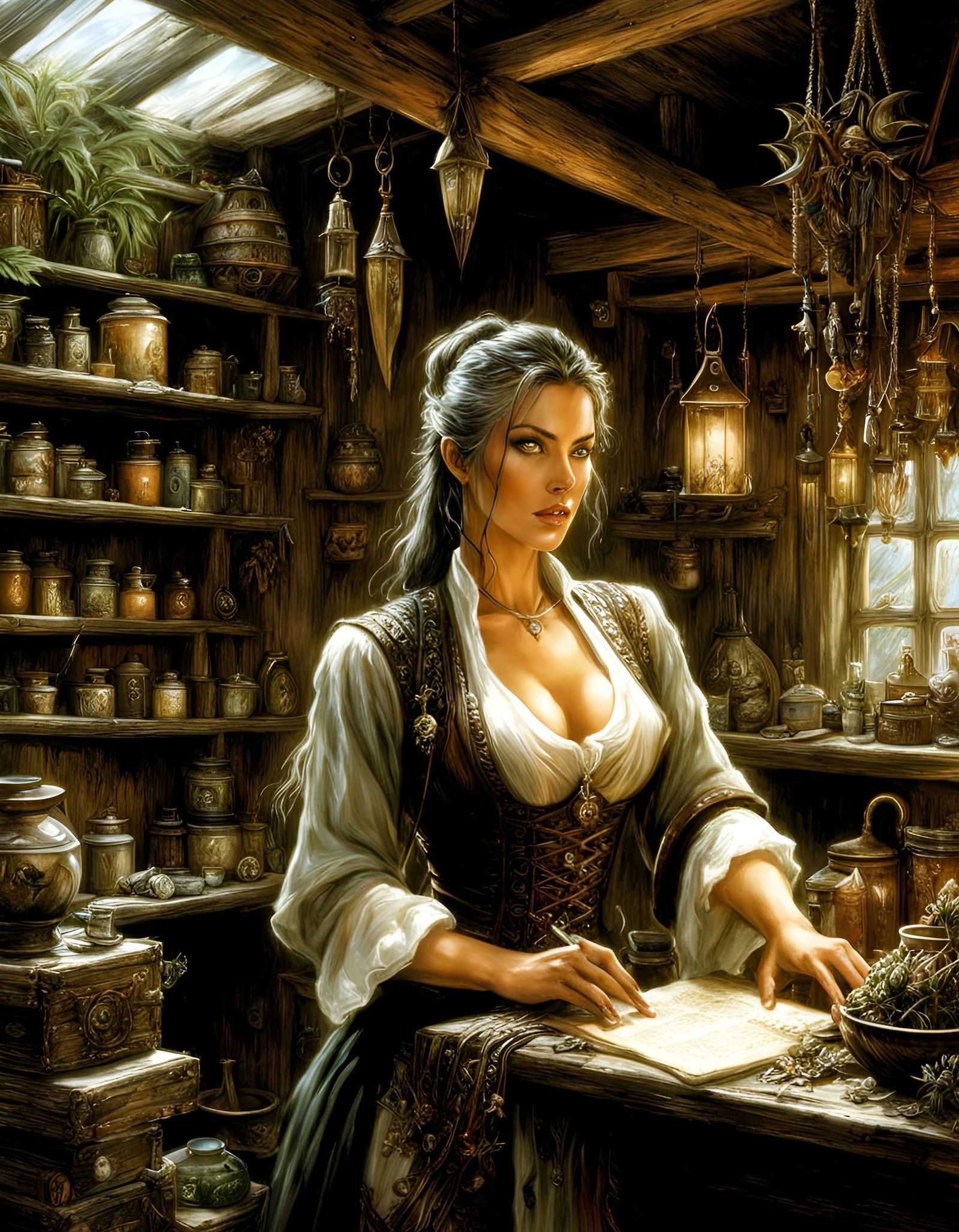 Pretty Herbalist in Cluttered Shack, Comic Book Art
