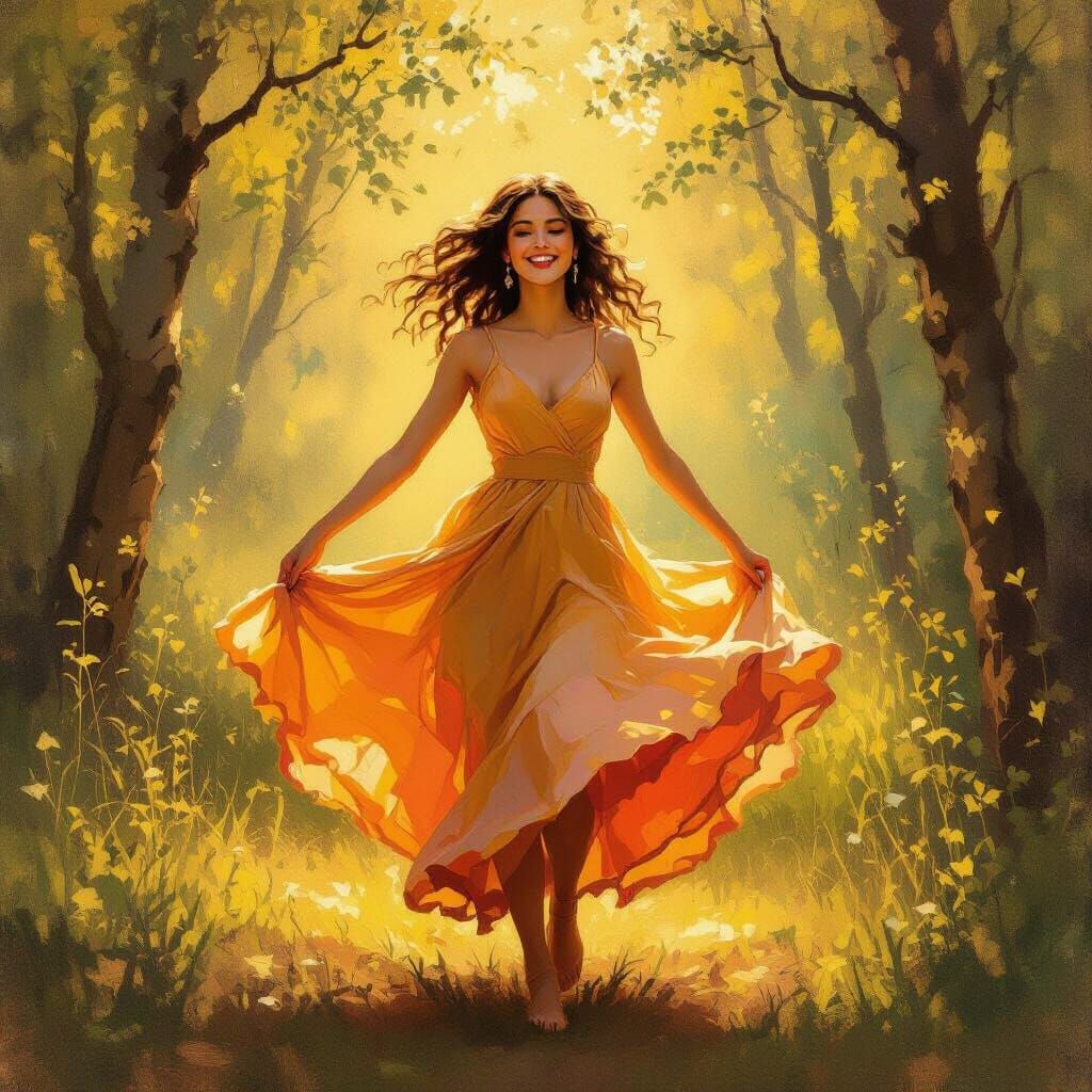 Joyful Woman Dancing in Sunlit Forest Clearing