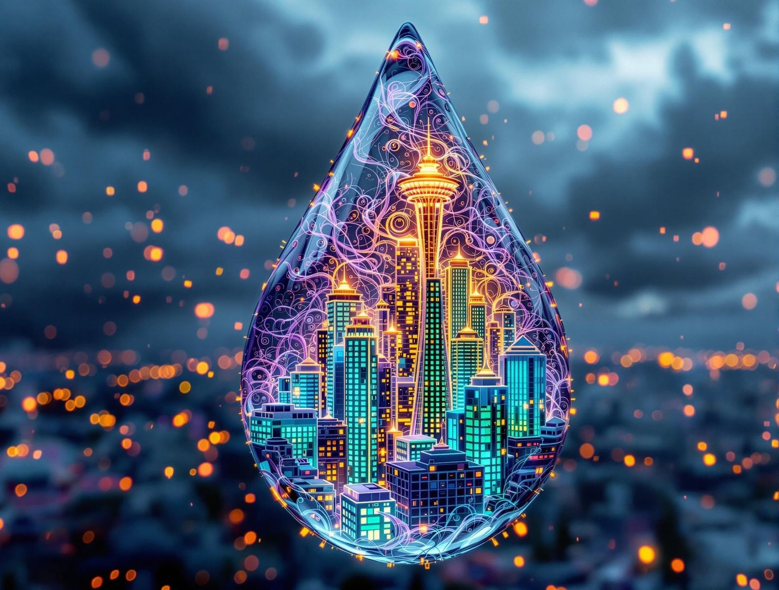 Fractal Seattle Cityscape in Luminous Raindrop