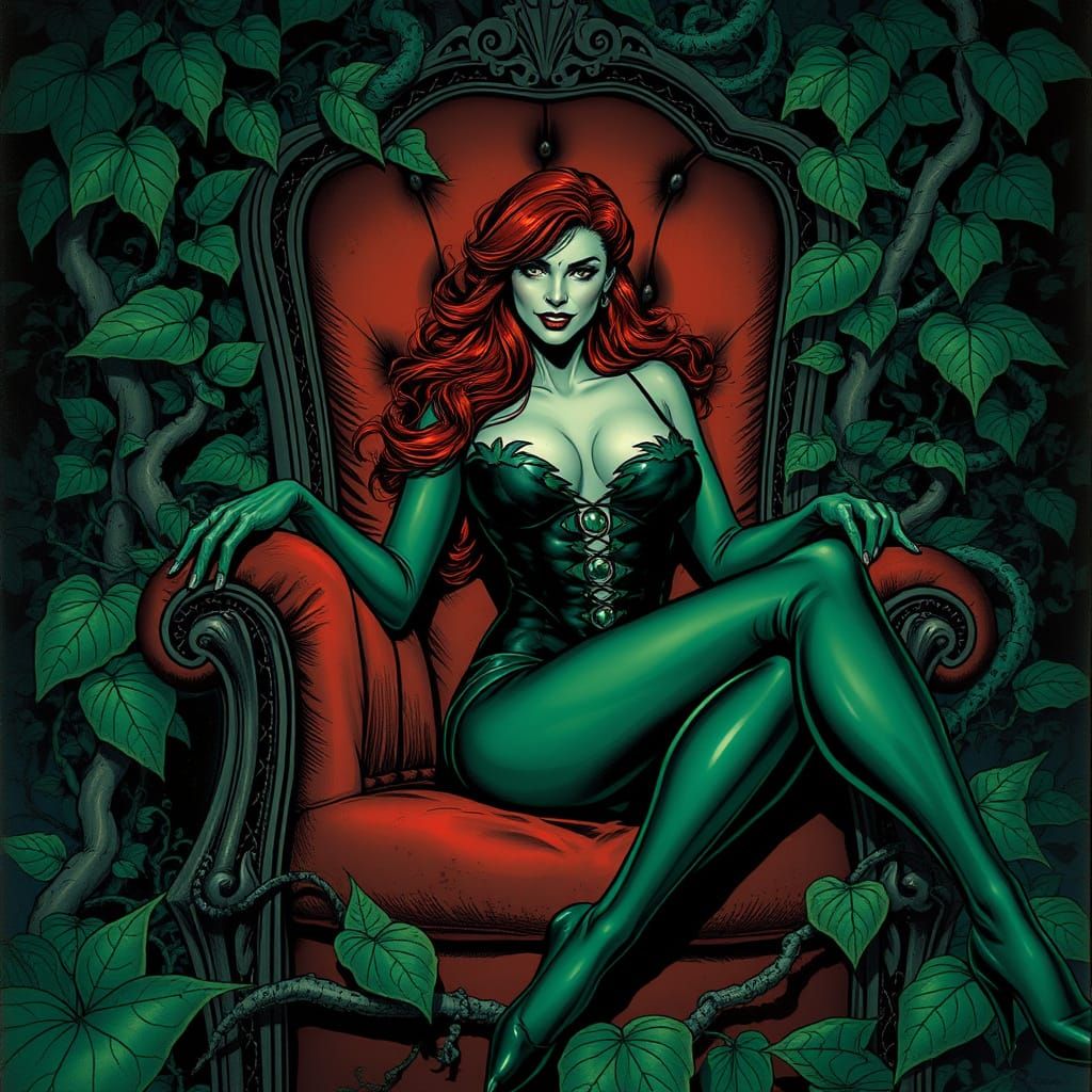 Poison Ivy Sits on Throne in Dark Green Leafy Suit
