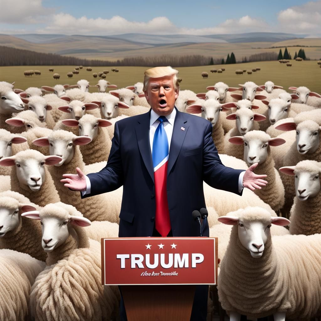 Trump Addresses Masked Sheep: Hyperrealistic Satire