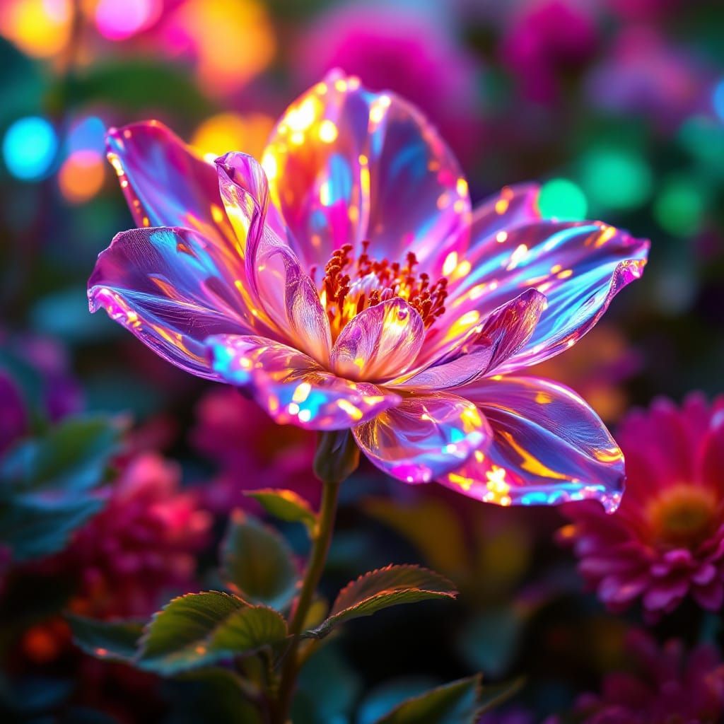 Glass Flower in Vibrant Garden, Hyperrealistic Render