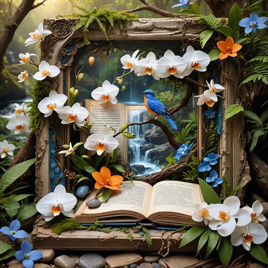 Orchids and Poetry Book in Fantasy Landscape