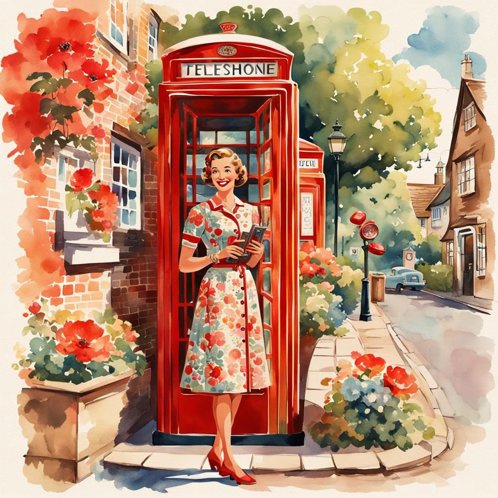 Retro Travel Poster of Woman in English Village