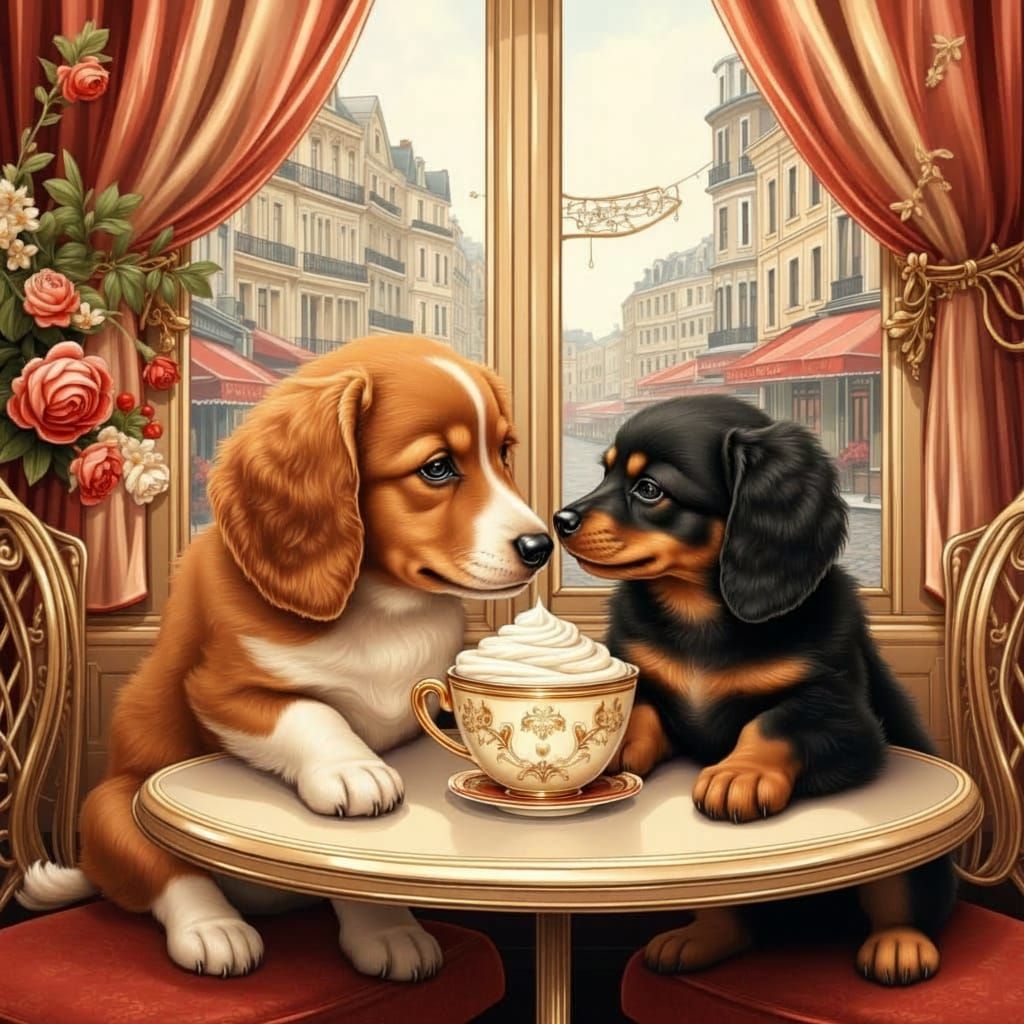 Puppies Enjoying Parisian Cafe Scene in Watercolor Style