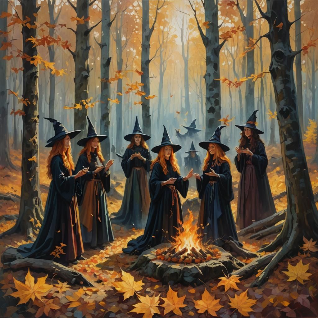 Witches Worship Autumn Equinox: Impressionistic Oil Painting