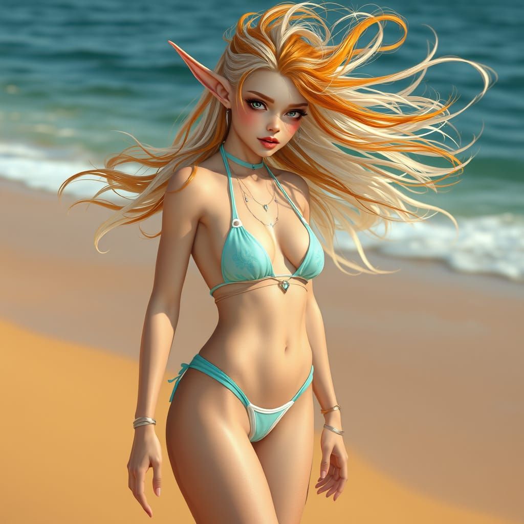 Bikini Elf on Golden Sand in Hyper-Realistic Style
