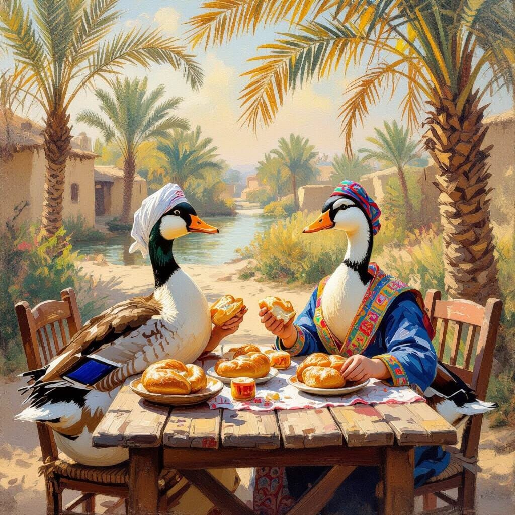 Egyptian Ducks and Geese Feast in Impressionist Style