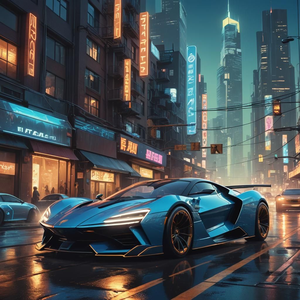 Futuristic Hypercar Speeds Through Neon Cityscape