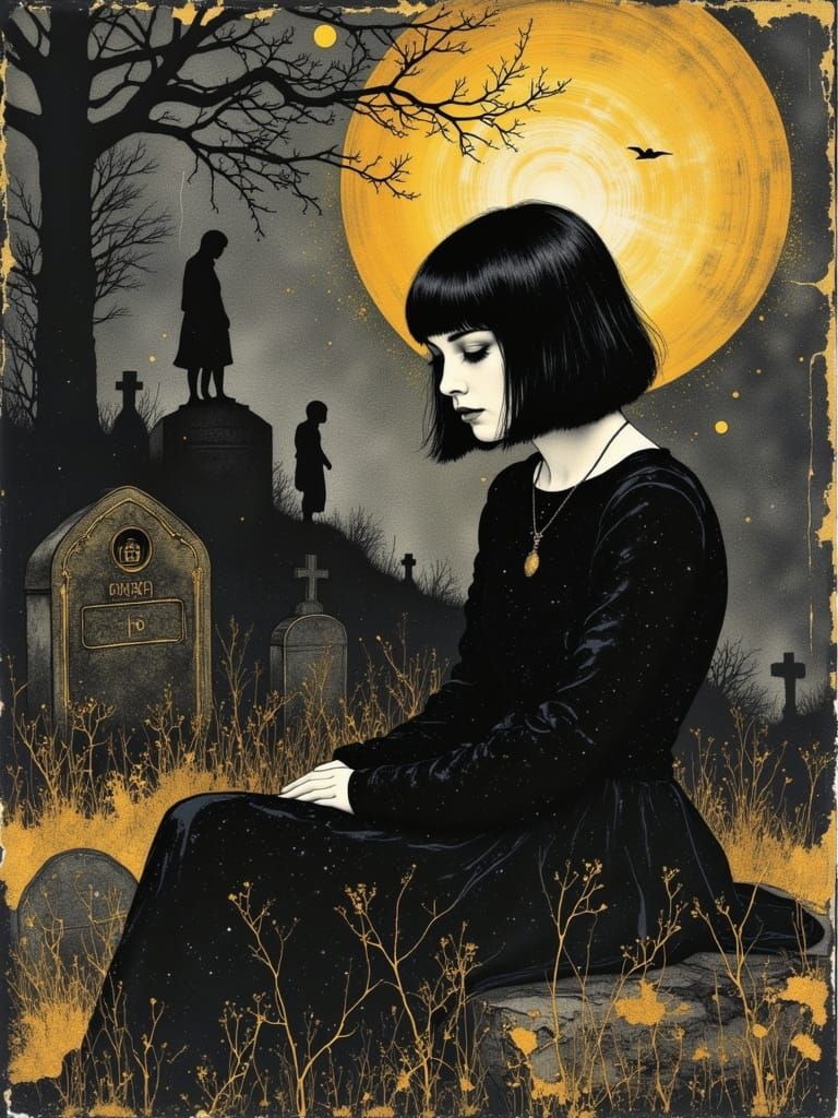 Gothic Girl in Cemetery, Burnished Gold and Ink