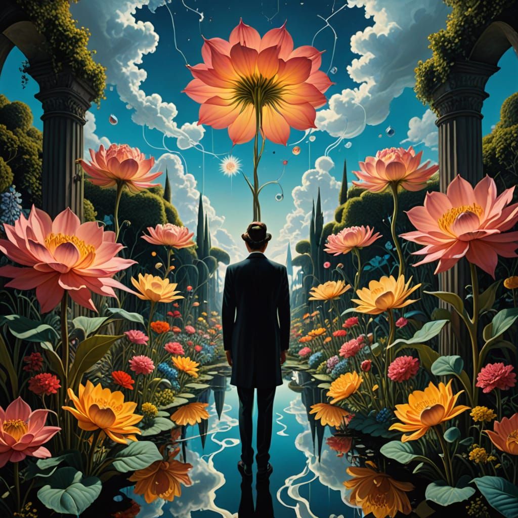 Surreal Kaleidoscope Garden with Mirrored Pathways