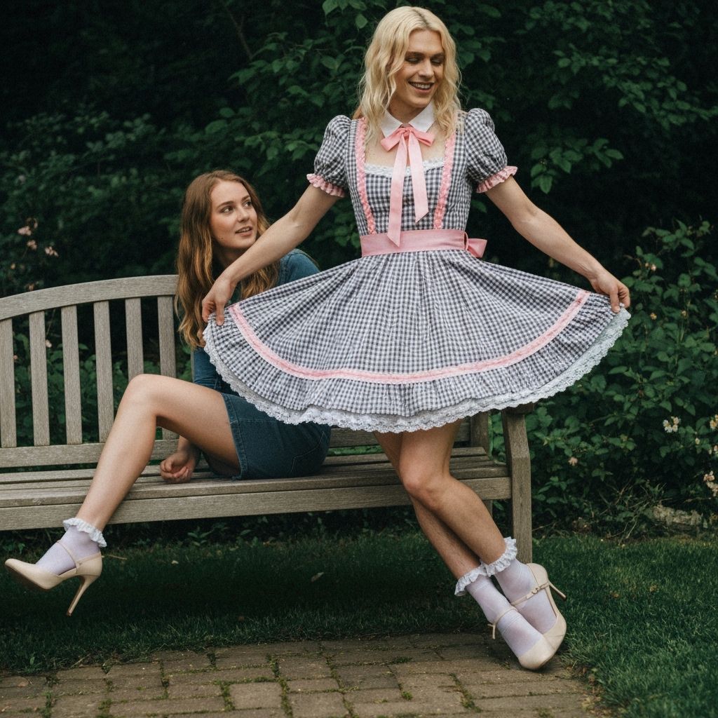 Happy Young Man Twirls in Gingham Dress in Garden