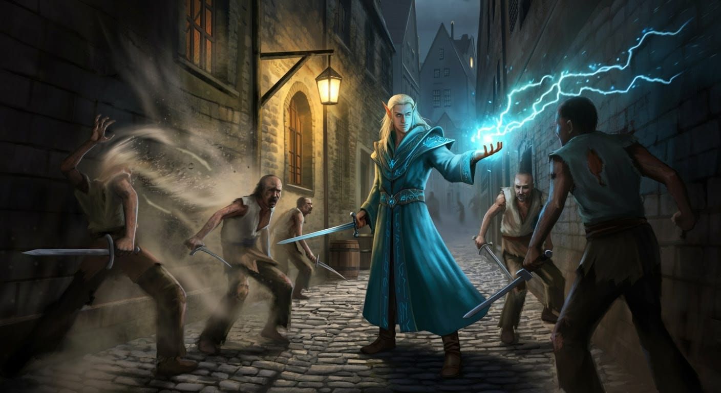 Epic Fantasy Scene of Dark Alley Confrontation