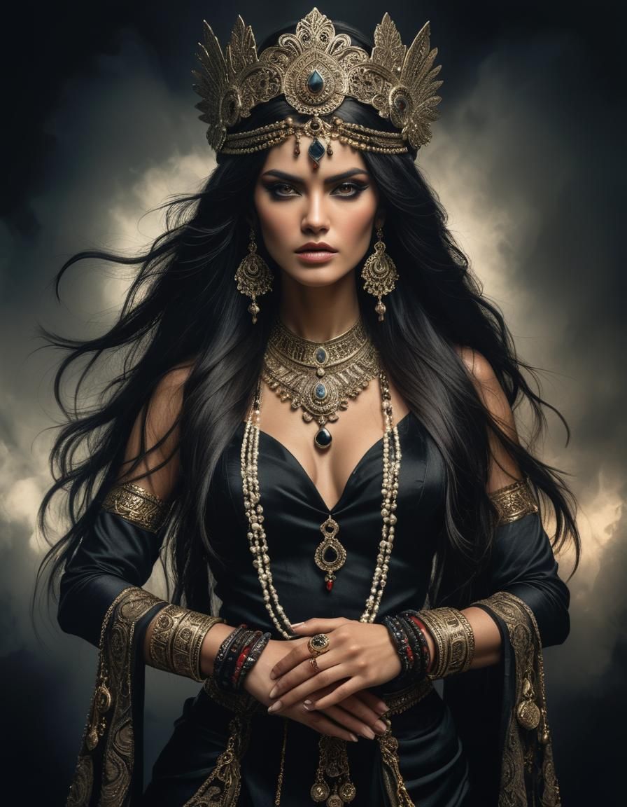 Striking Woman with Dark Hair and Ornate Jewelry