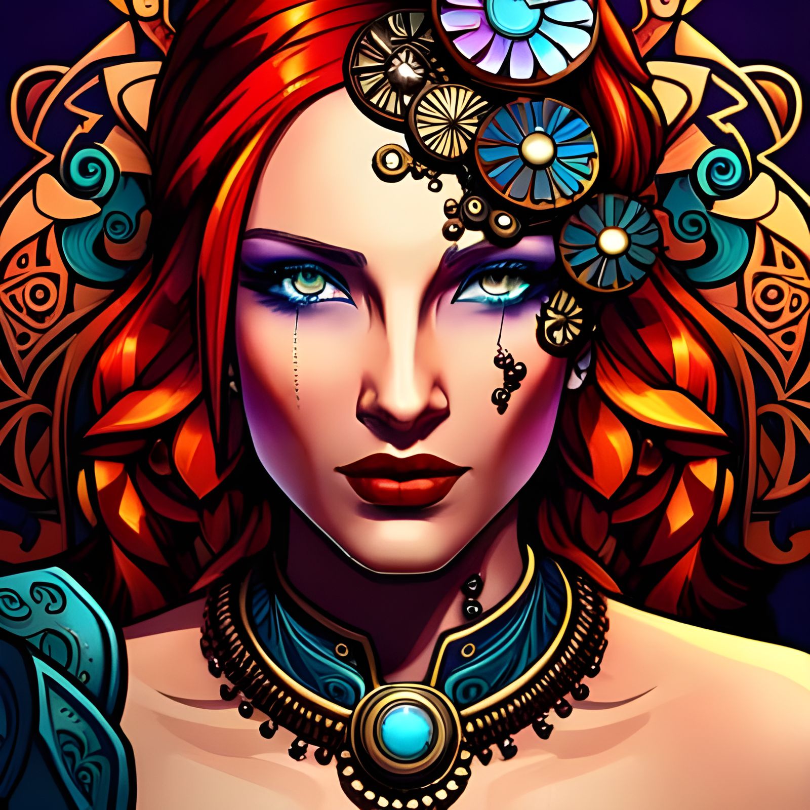 Steampunk Rocker Portrait in Alphonse Mucha Style