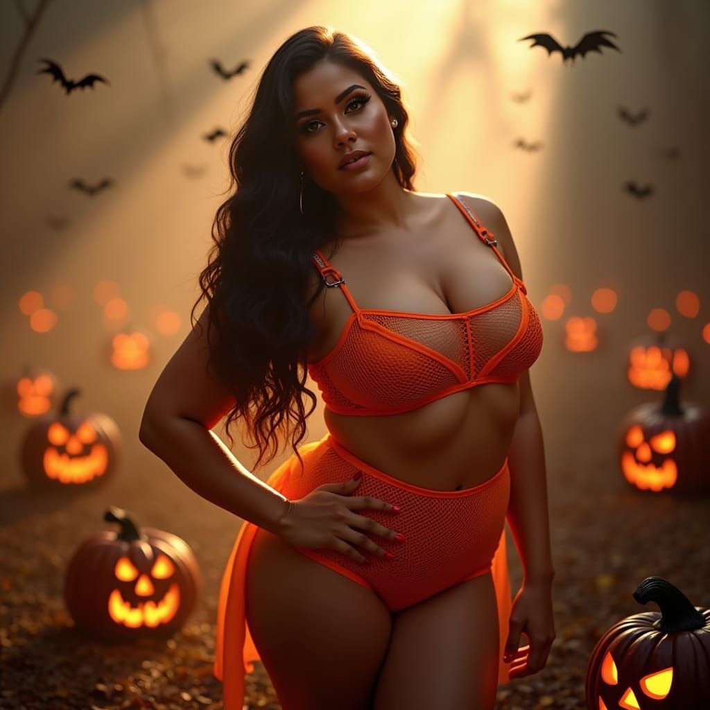 Curvy Woman in Orange with Halloween Pumpkins