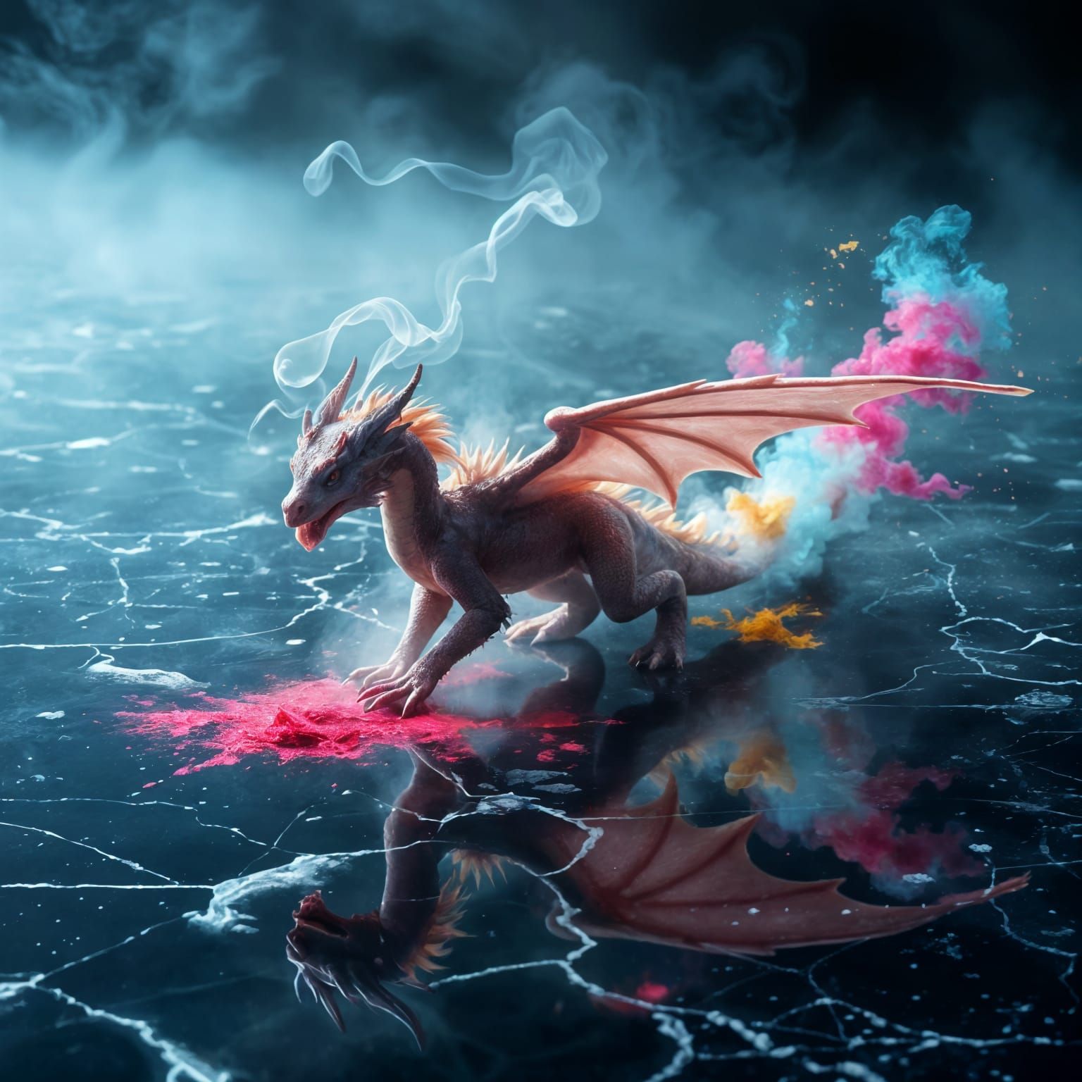 Dragon Dissolving into Aerogel on Black Ice