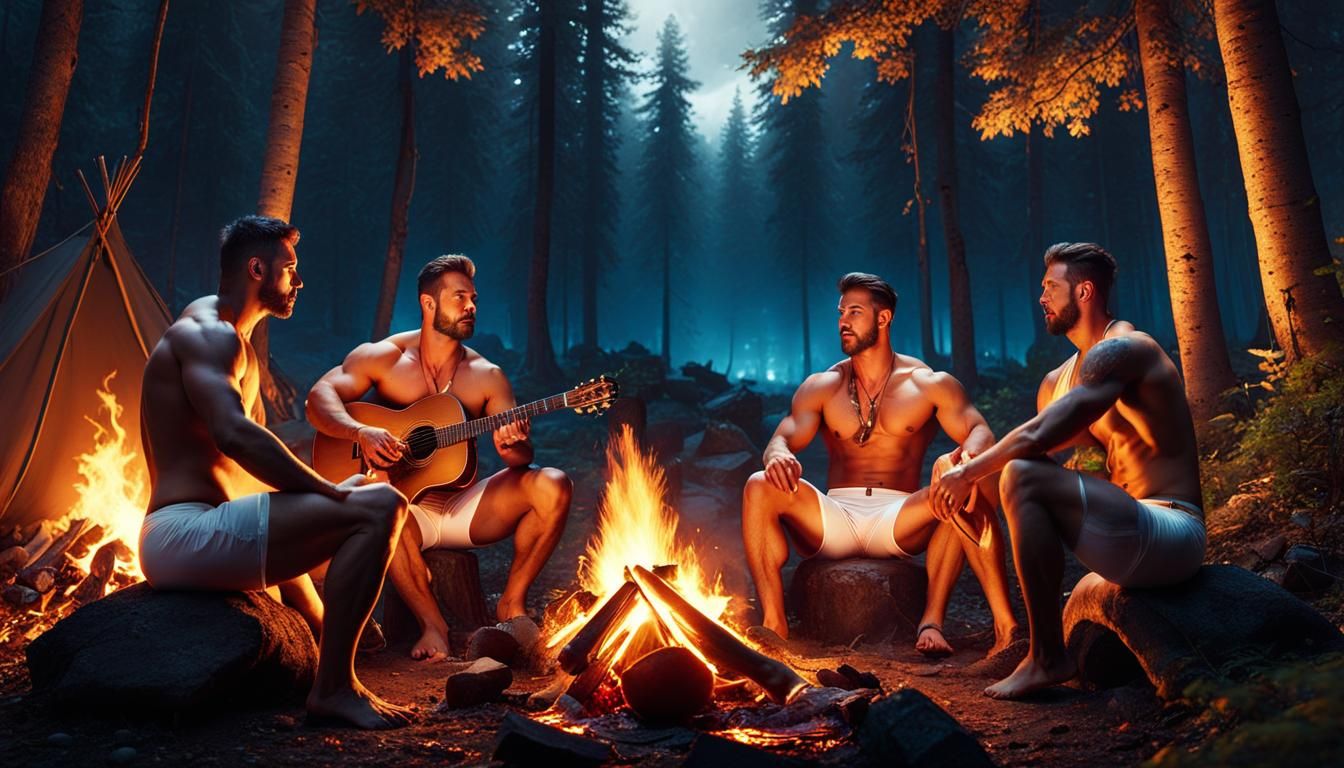 Men Singing Around Campfire in Forest Concept Art