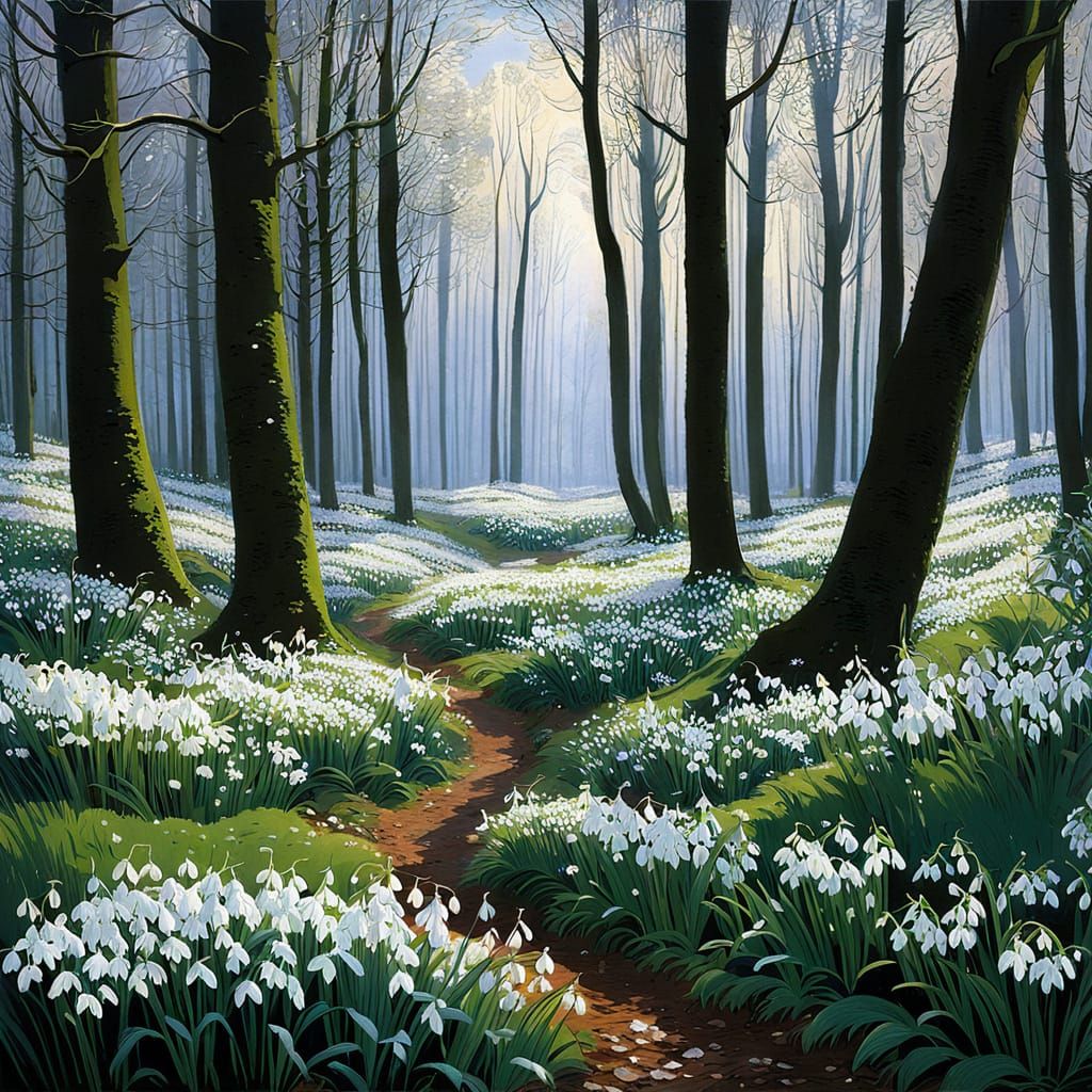 Spring Forest Awakening with Snowdrops