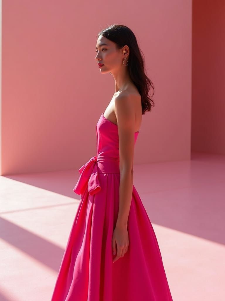 Woman in Pink Haute Couture: Minimalist Elegance