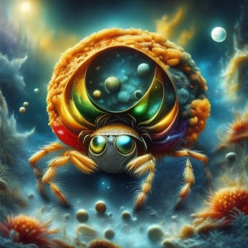 Surreal Spider on Pie Dreamscape, Hyperrealistic Macro