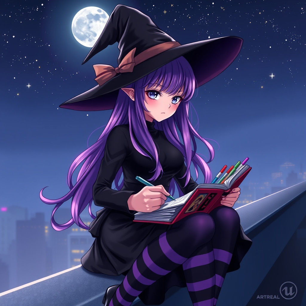 Charming Anime Witch Girl Drawing Under Moonlight