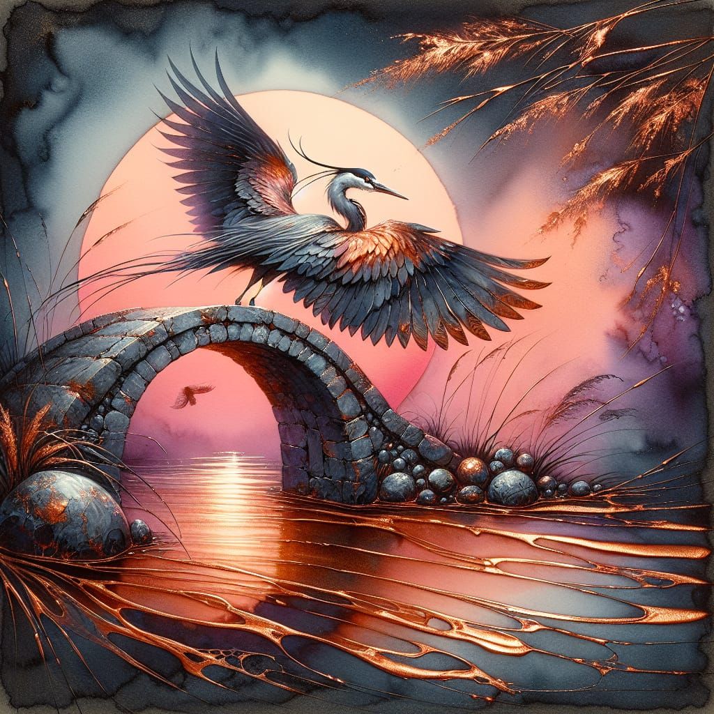 Heron on Stone Bridge in Japanese Ink Art Style