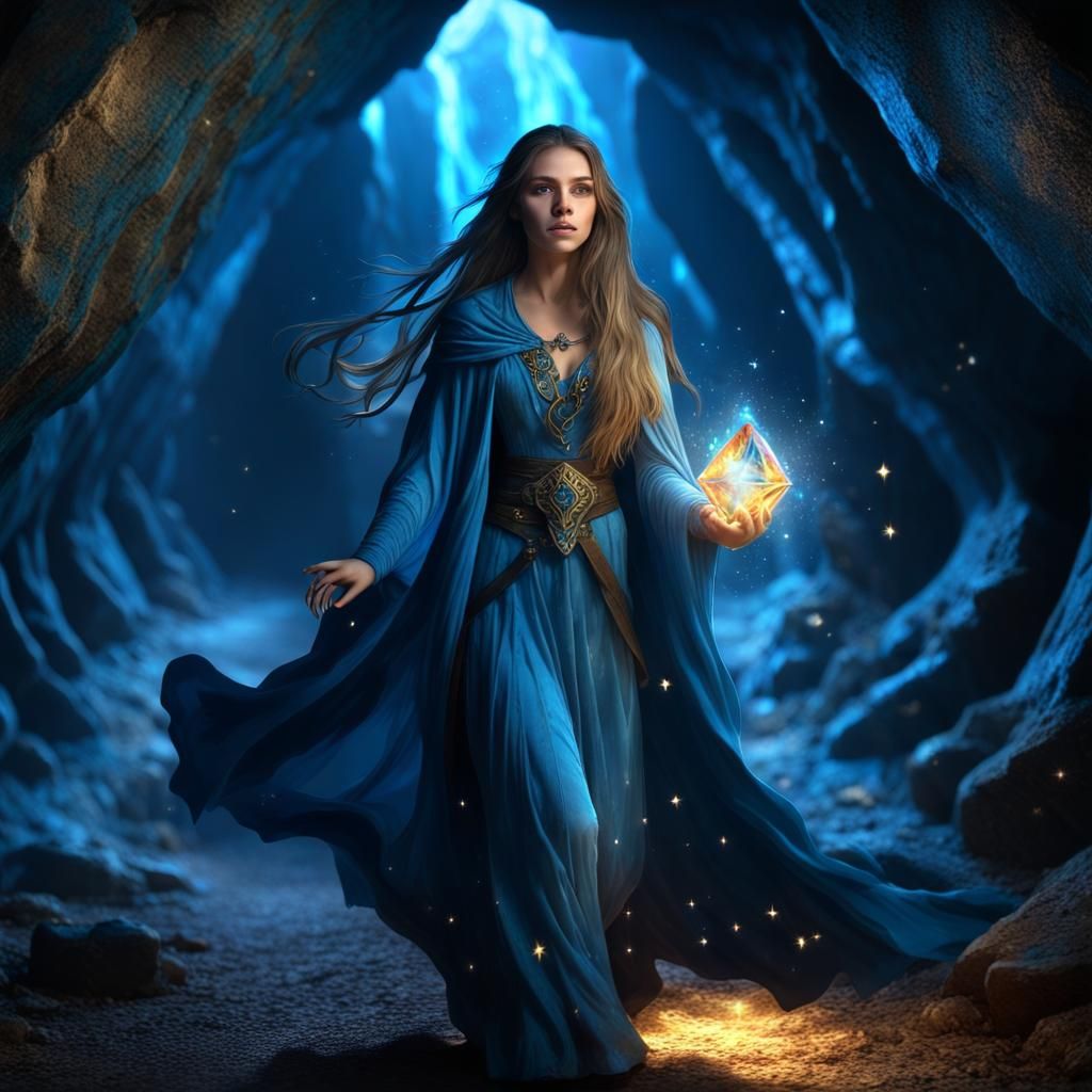 Magical Maiden Running Through Dark Rune Cavern