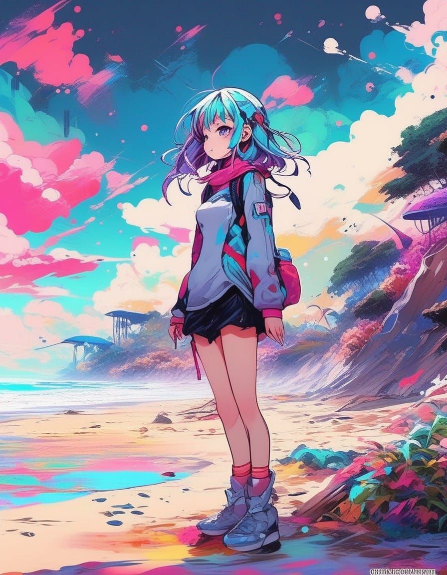 Anime Girl on Alien Beach: Graffiti Art