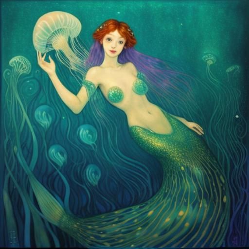 Ariel mermaid underwater jellyfish klimt