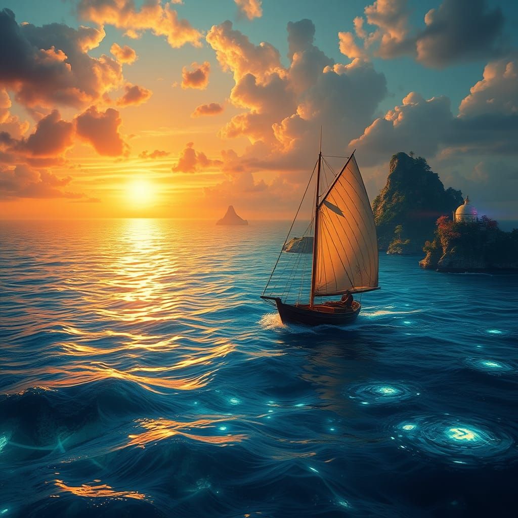 Majestic Sailing Vessel at Sunset: Digital Matte Painting