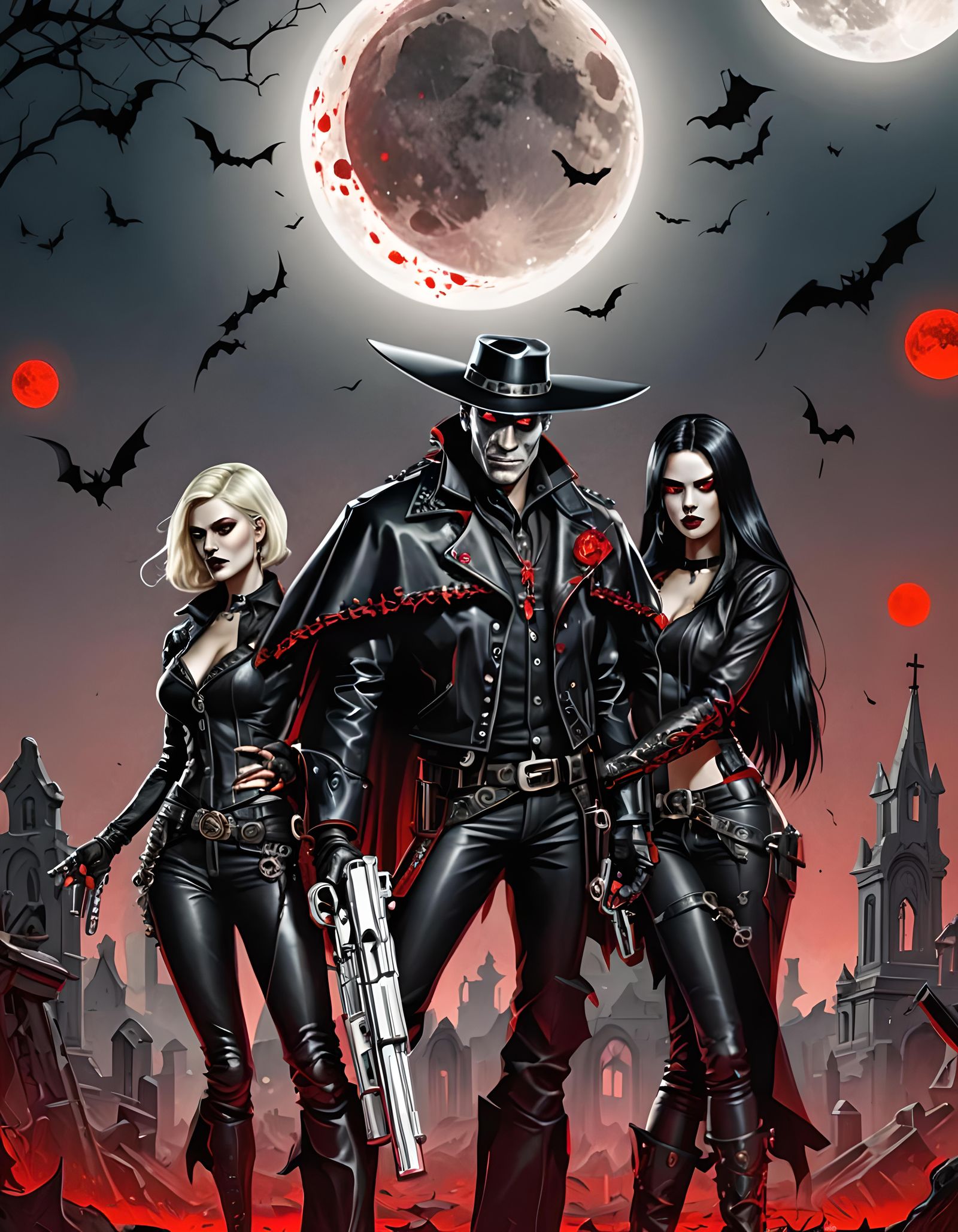 Gothic Vampire Cowboy with Vampire Women in Graveyard