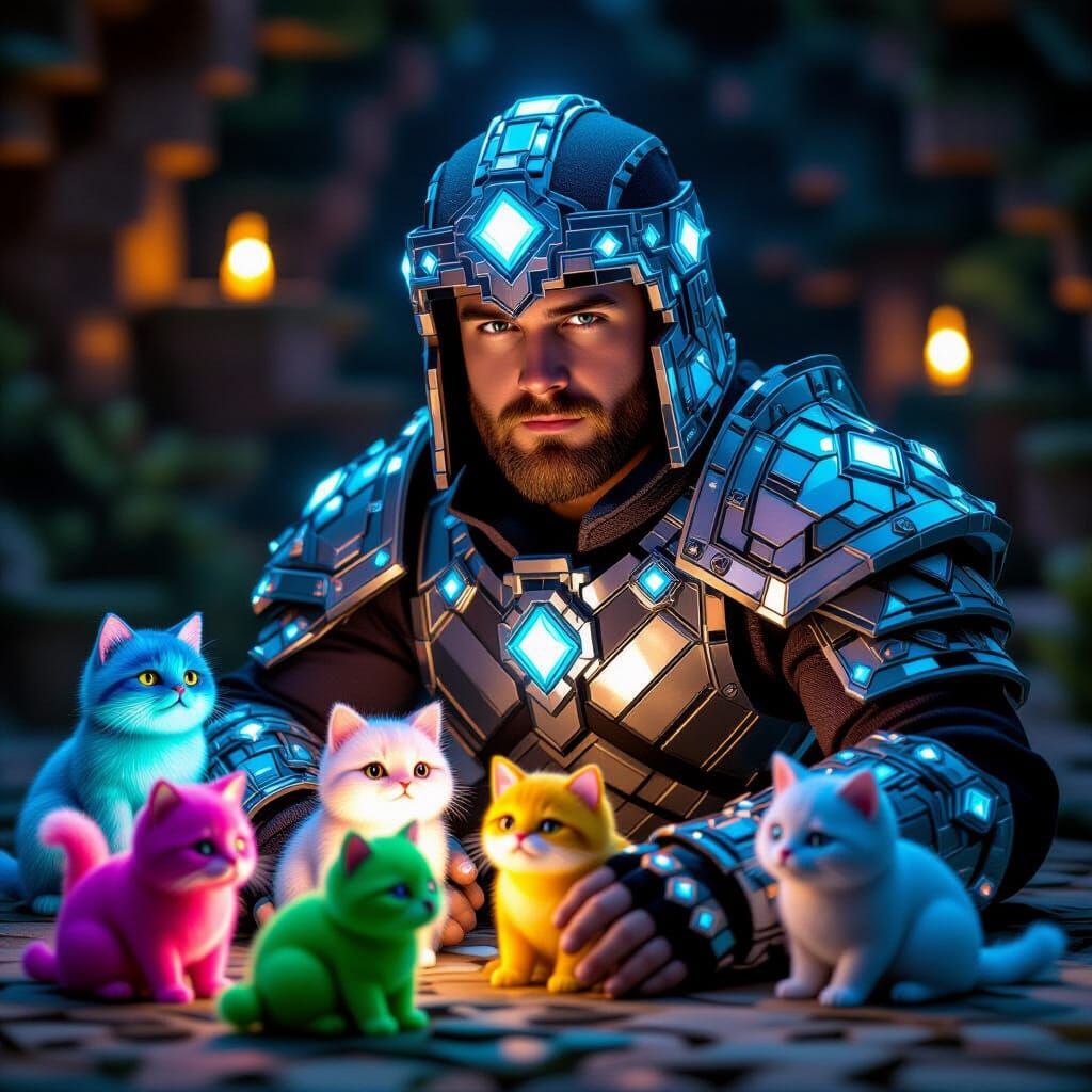 Minecraft Character in Diamond Armor with Glowing Pets