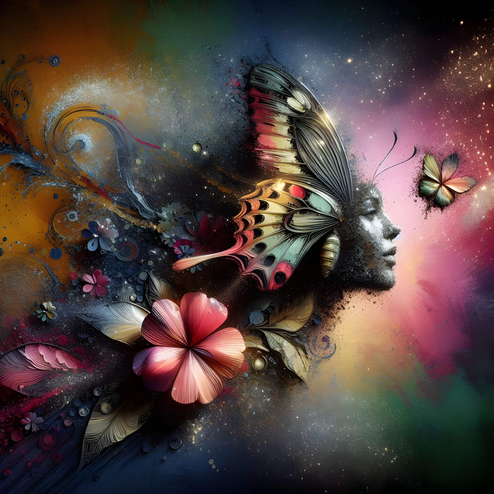 Metallic Ink Butterfly Splash Art on Flower