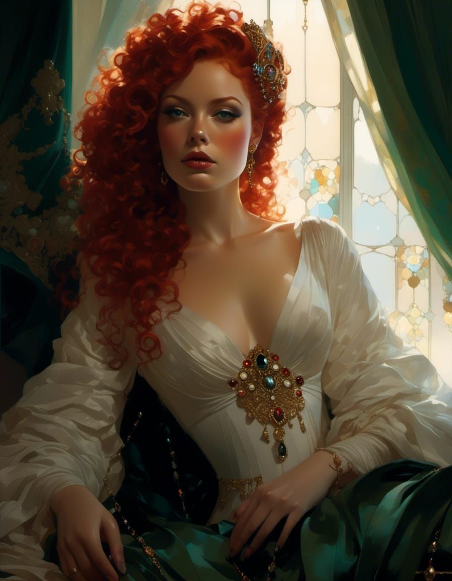 Red-Haired Queen with Rainbow Gems in Digital Art