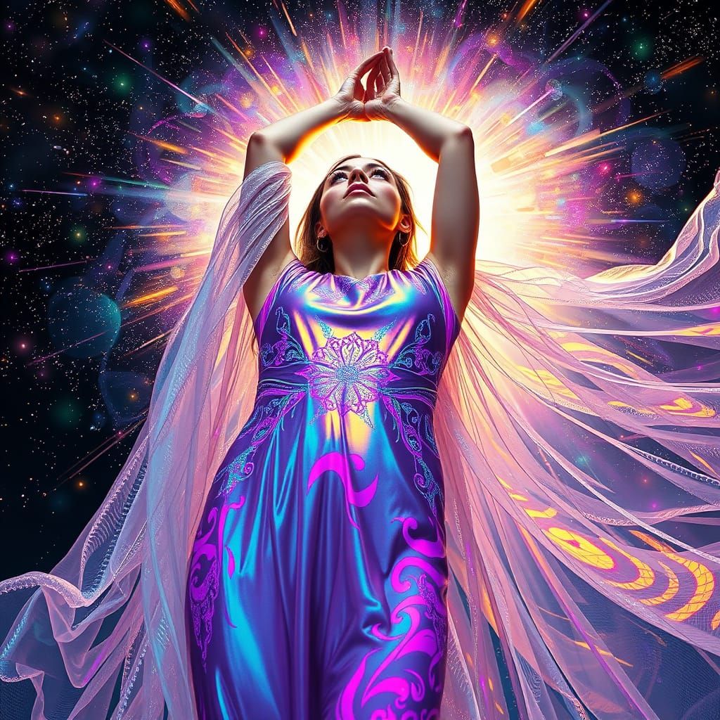 Woman in Iridescent Gown in Cosmic Psychedelic Patterns