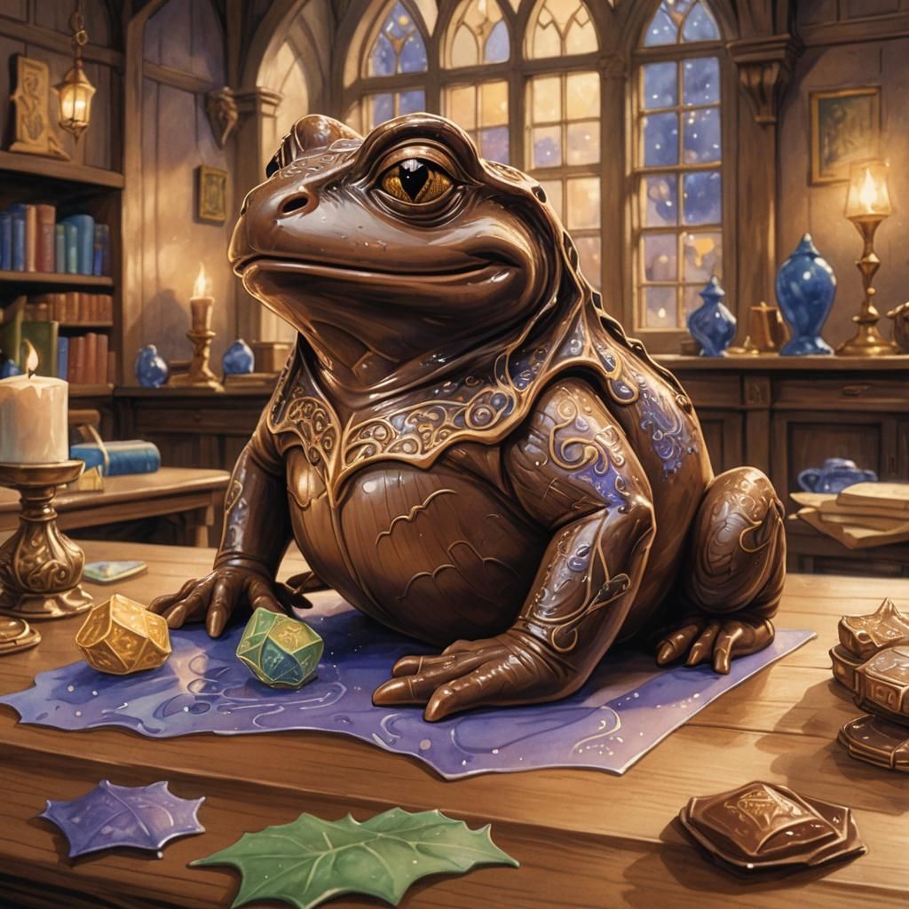Chocolate Frog in Hogwarts Classroom: Whimsical Illustration
