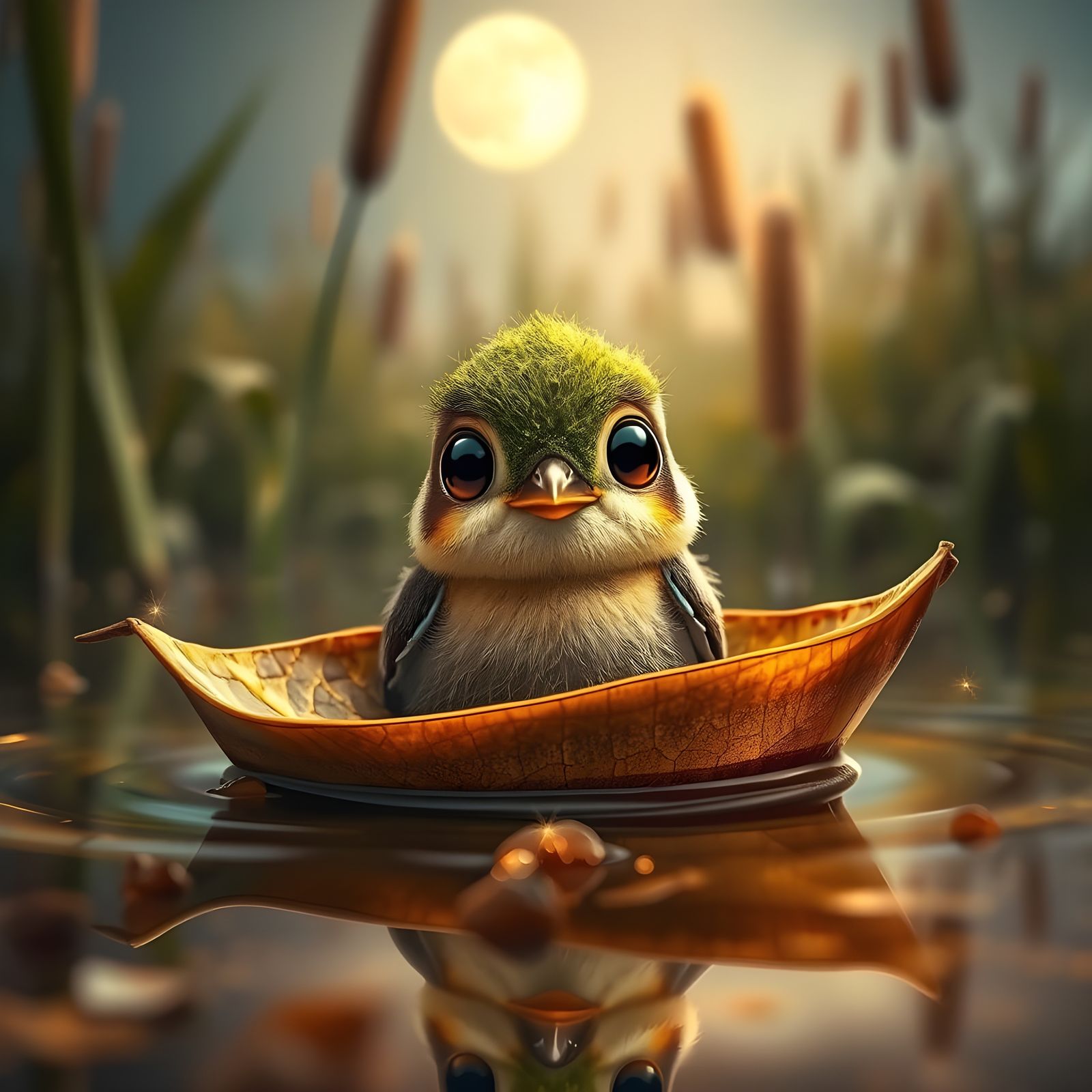 Cute Mossy Bird Floats on Leaf Boat Under Moonlit Sky