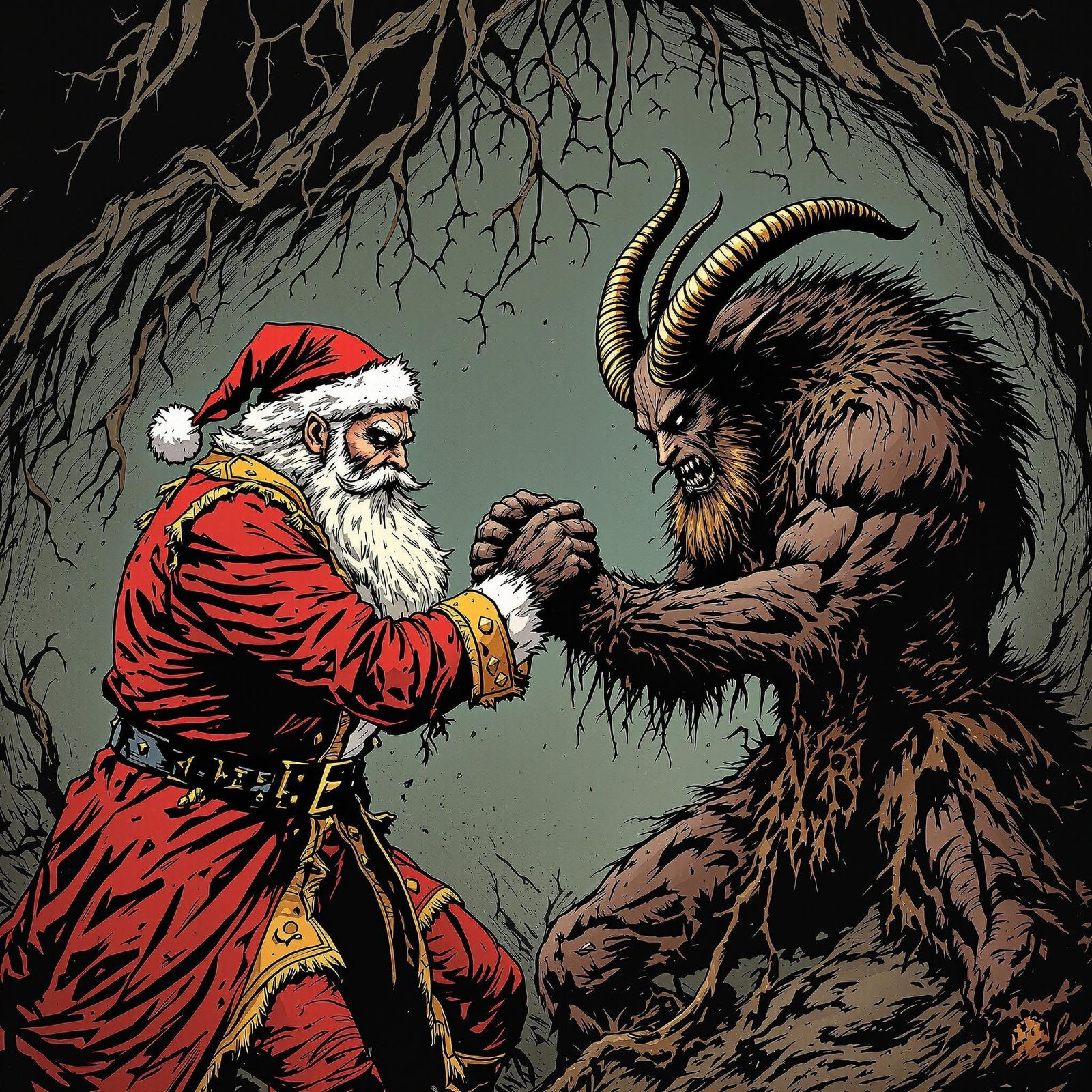 Santa Claus and Krampus arm-wrestling storybook illustration...